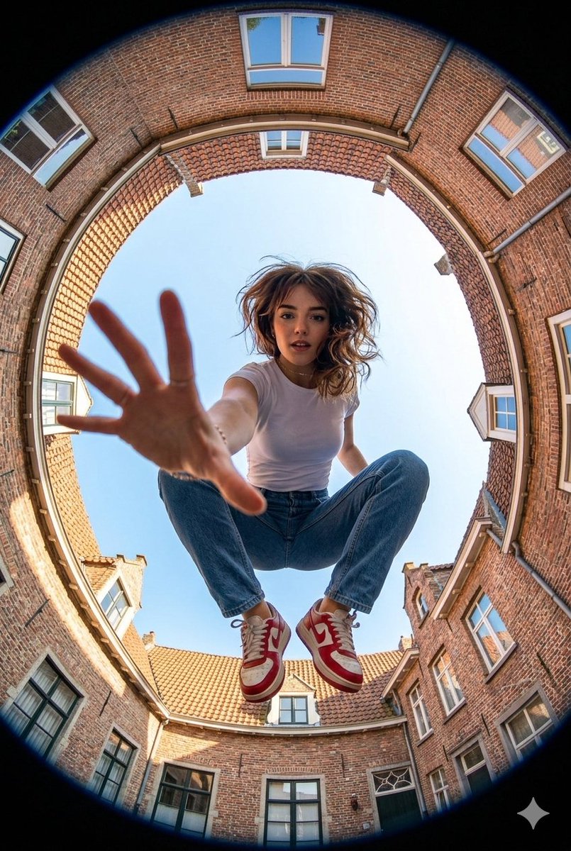Ultra-wide fisheye shot of a woman crouching mid-air AI image template preview