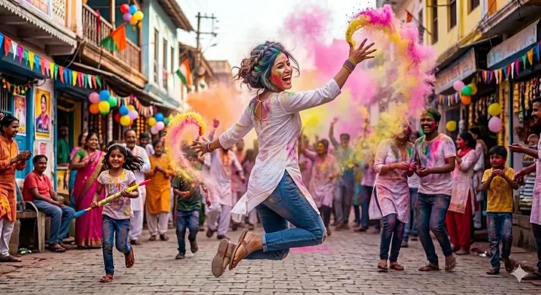 Holi Festival Cinematic Photography Prompt (JSON Format) AI image template preview