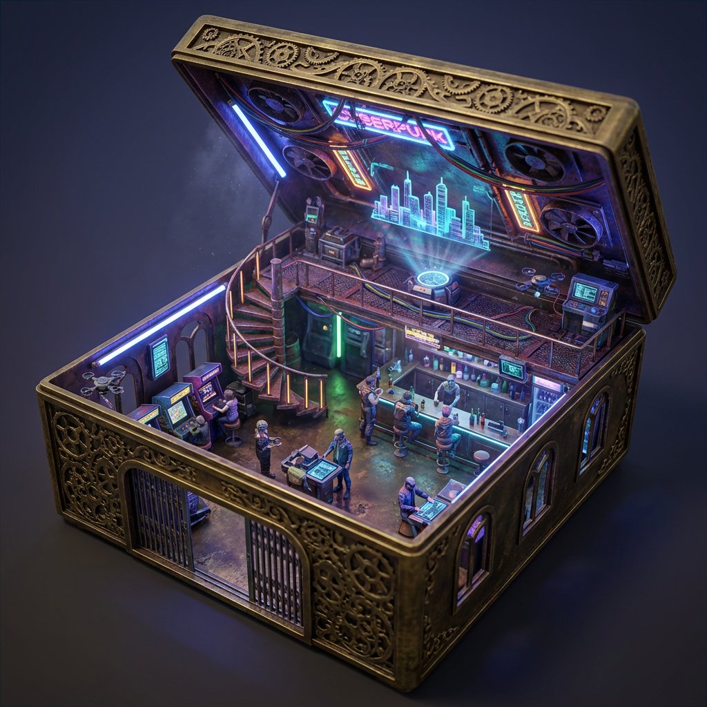 Ornate Box Diorama Prompt (Cyberpunk Pub) AI image template preview