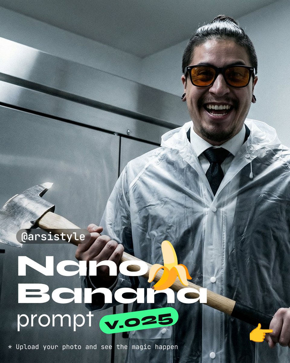 Clinical, High-Contrast Portrait with Axe and Raincoat Prompt AI image template preview