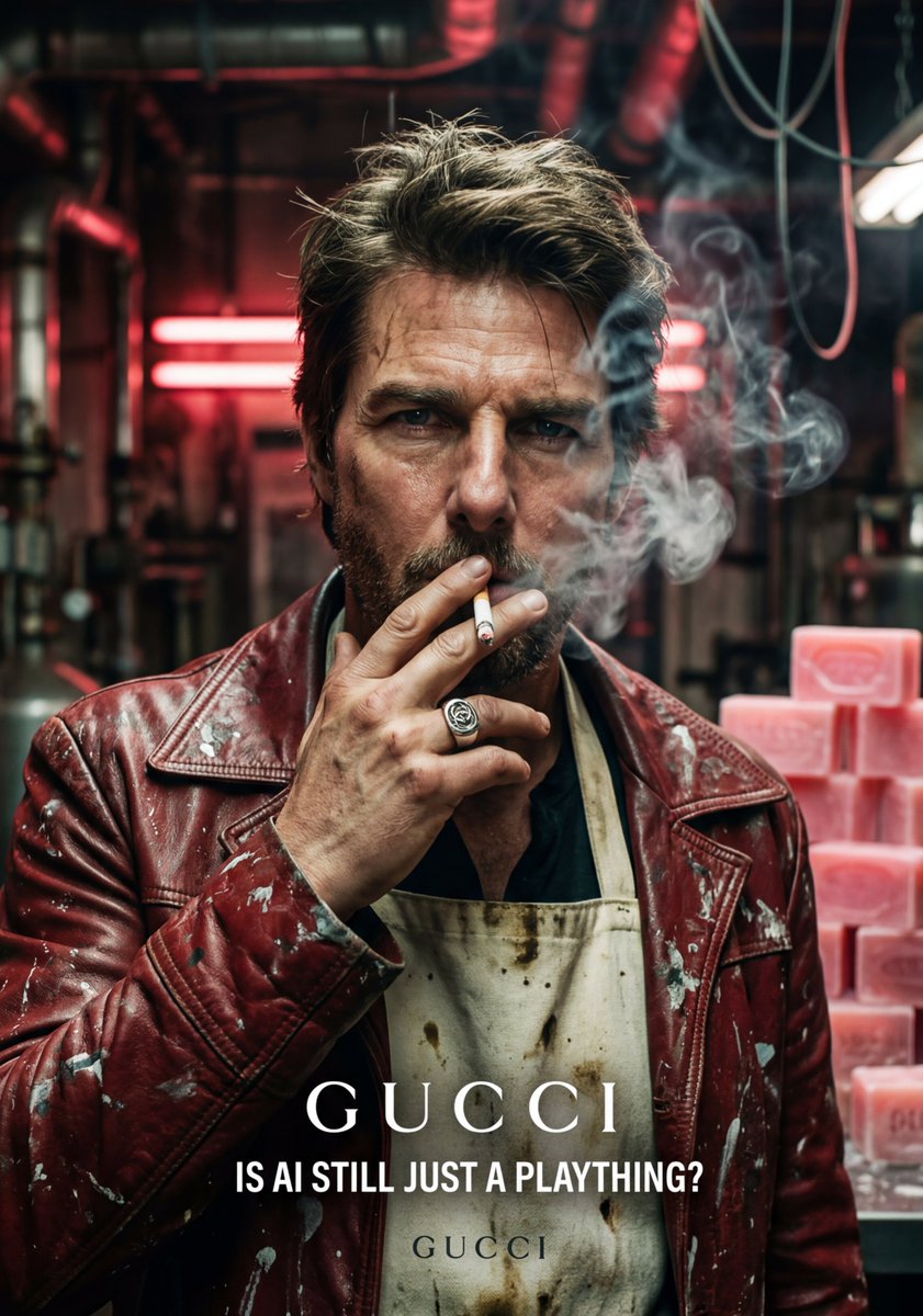 Gritty Tom Cruise Portrait with GUCCI Branding AI image template preview