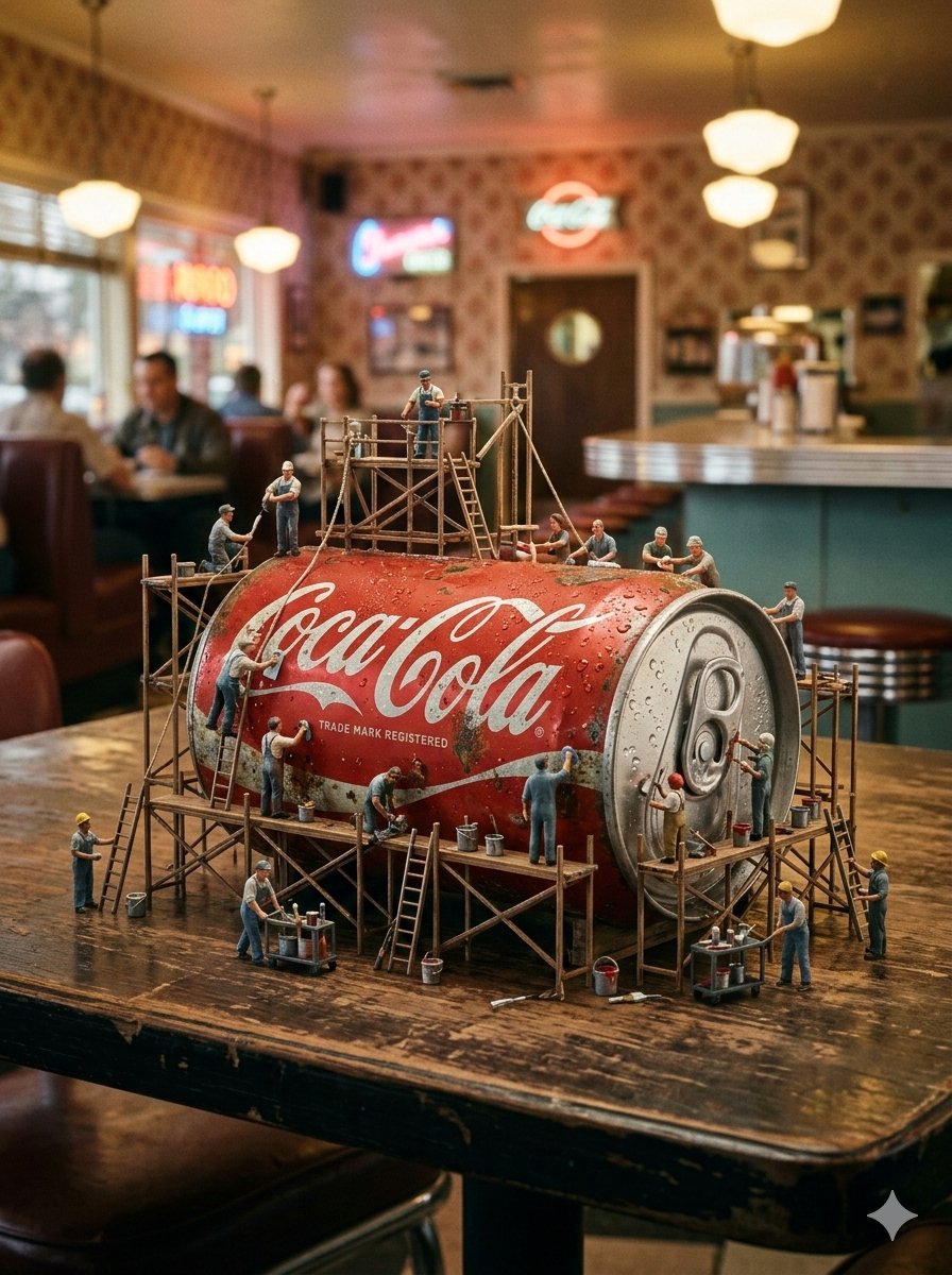 Miniature Industrial Scene on Luxury Products (Coca-Cola & Chanel) AI image template preview