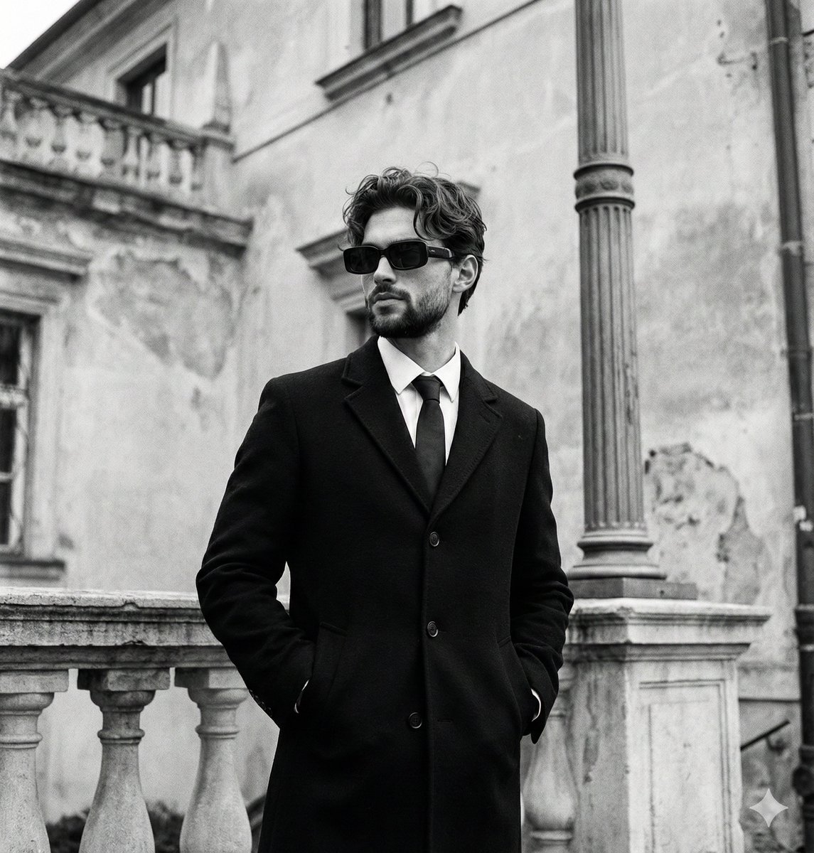 Monochromatic Editorial Portrait of a Stylish Man AI image template preview