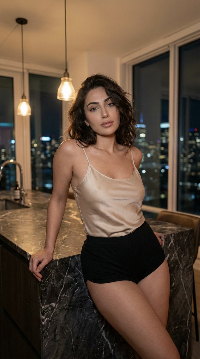 Low-Light Kitchen Portrait (Persian/Middle Eastern) AI image template preview