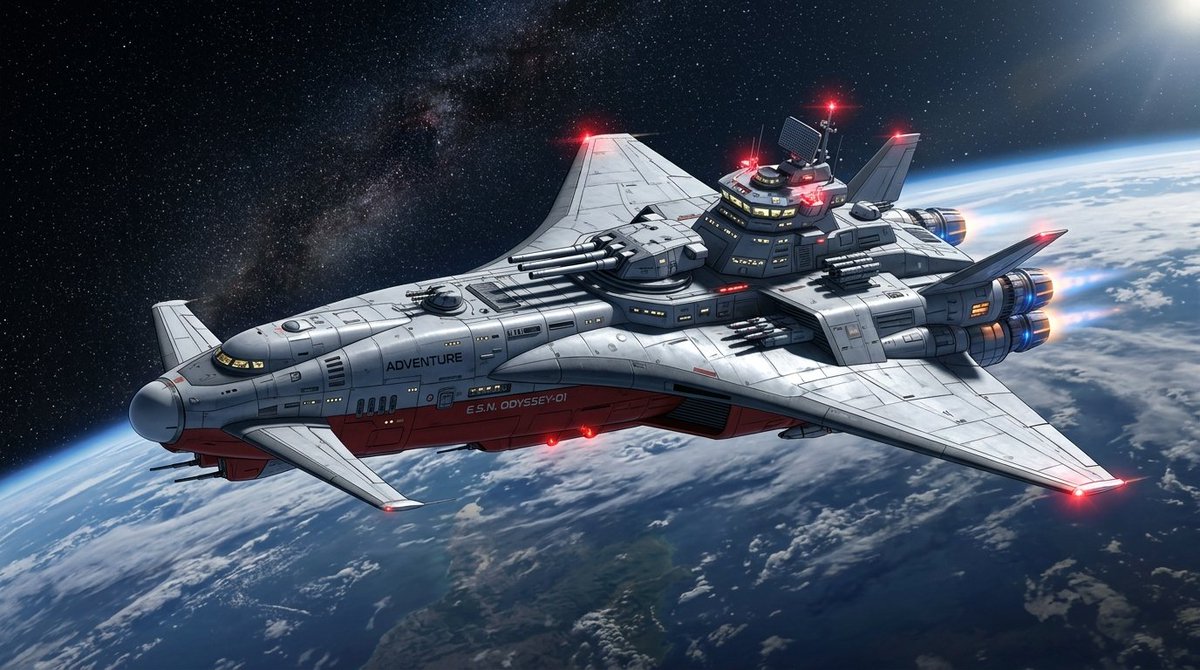 High-Resolution 2.5D Illustration Prompt for Winged Space Battleship AI image template preview