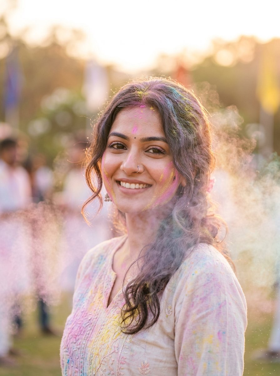 Soft Dreamy Holi Festival Portrait Prompt AI image template preview