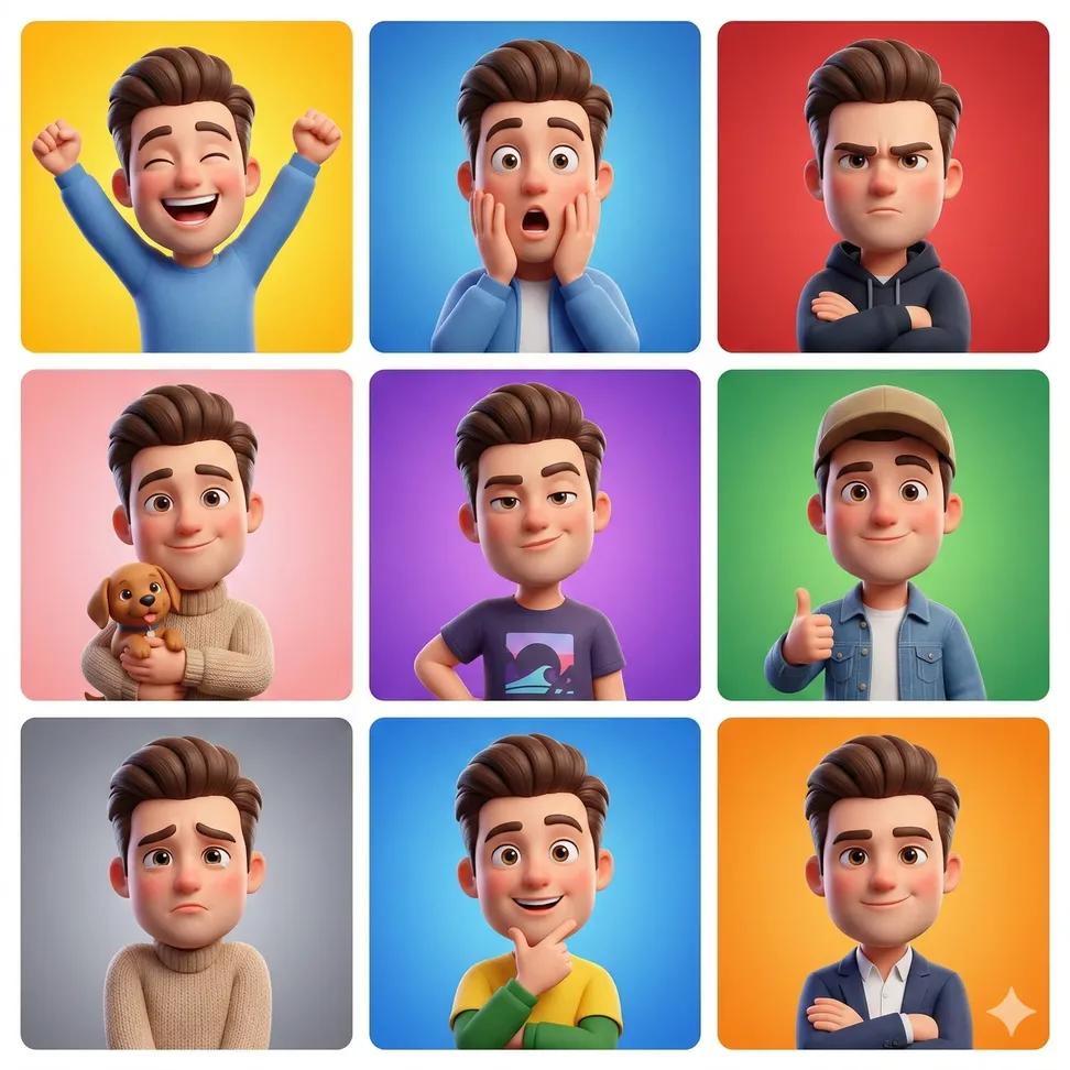3D Cartoon Avatar Character Grid Prompt (Pixar Style) AI image template preview
