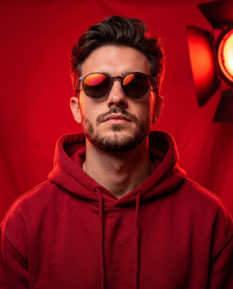 Bold Studio Portrait with Red Hoodie and Dark Sunglasses AI image template preview