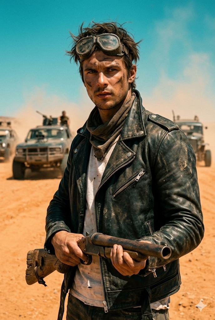 Wasteland Survivor Cinematic Film Still (Mad Max Style) AI image template preview