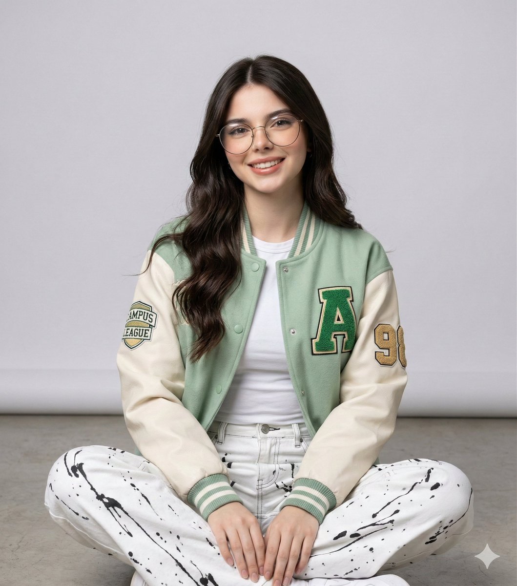 Studio Portrait of a Woman in Varsity Jacket and Splatter Pants AI image template preview