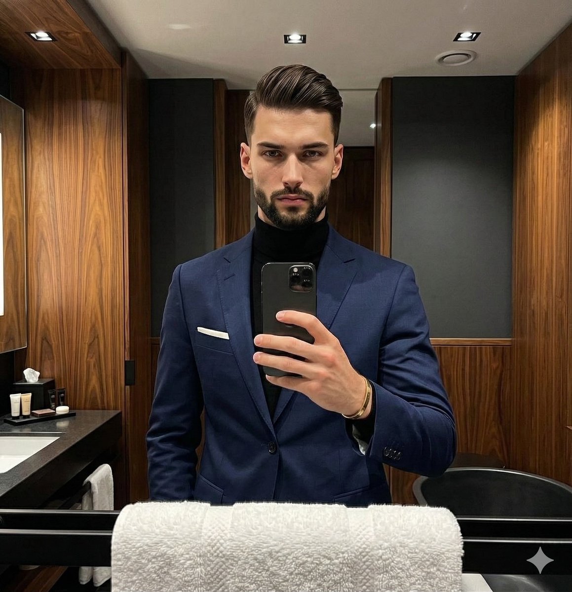 Moody Luxury Lifestyle Portrait of a Man in a Navy Suit AI image template preview