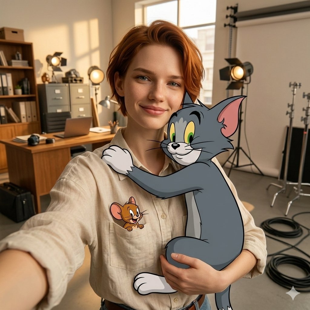 First-Person Selfie Hugging Stylized Tom and Jerry AI image template preview