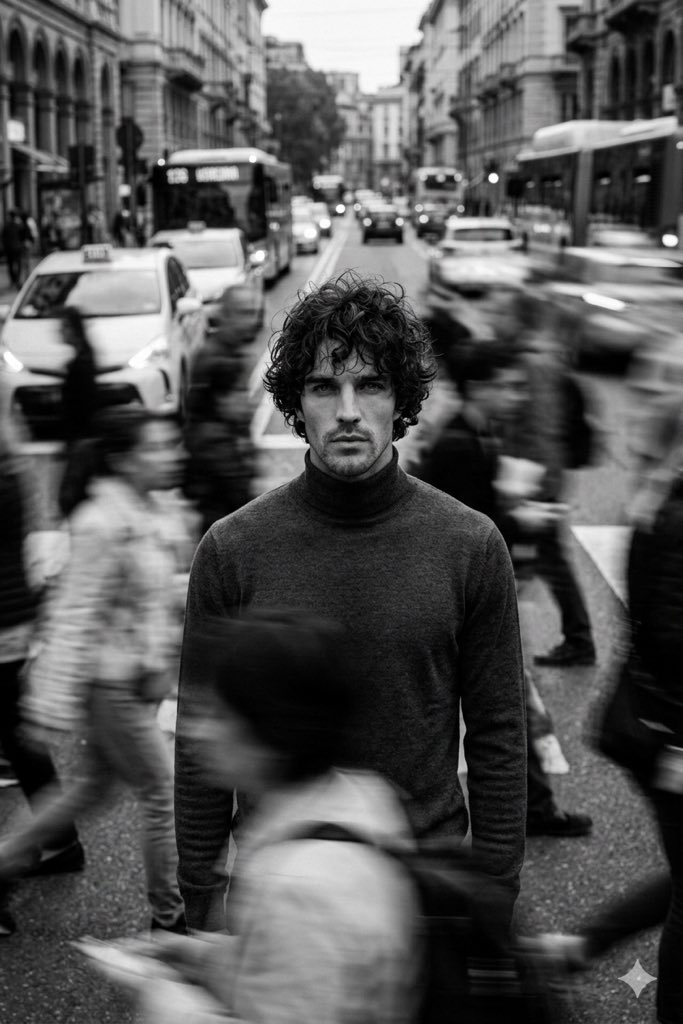 Cinematic Black and White Portrait in a Crowd AI image template preview
