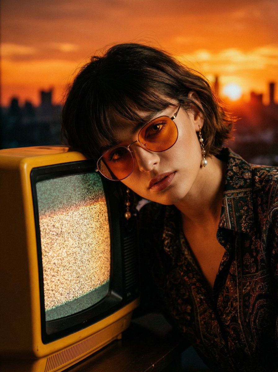 Cinematic Portrait with Static CRT Television AI image template preview