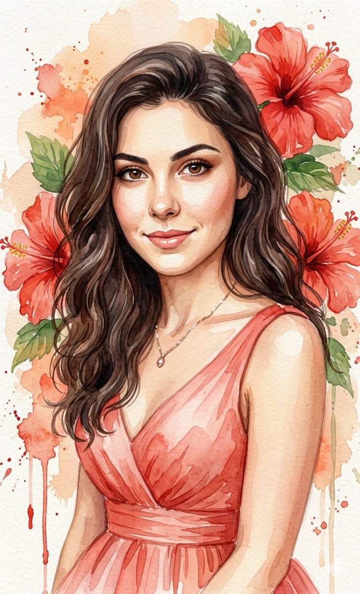 Watercolor Portrait with Hibiscus Prompt AI image template preview