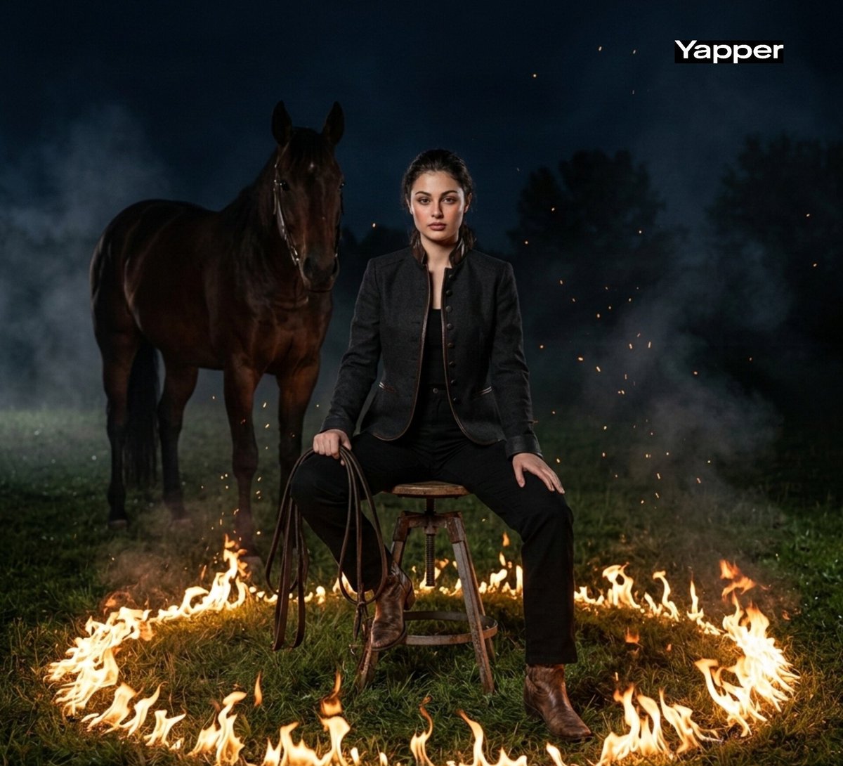 Cinematic Dark Western Portrait with Fire AI image template preview