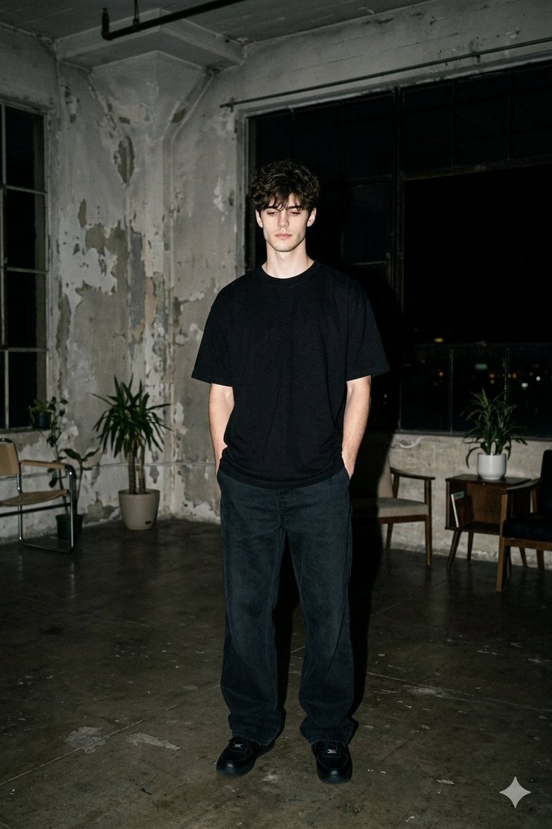 Nighttime Industrial Loft Fashion Shot (35mm Film Aesthetic) AI image template preview