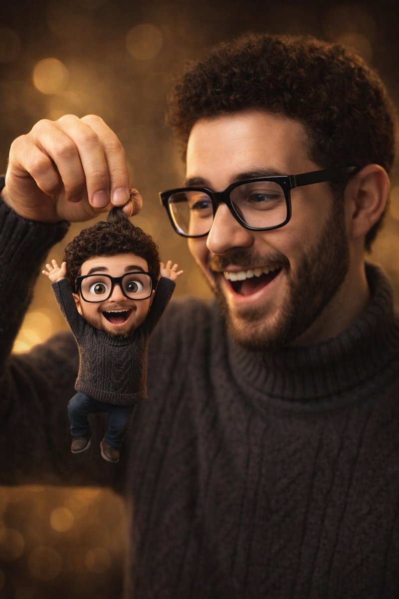 Photorealistic Subject Holding Miniature Cartoon Self AI image template preview