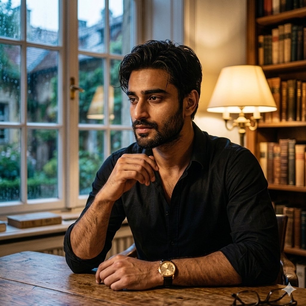 Cinematic Chiaroscuro Portrait of a South Asian Man in a Library AI image template preview