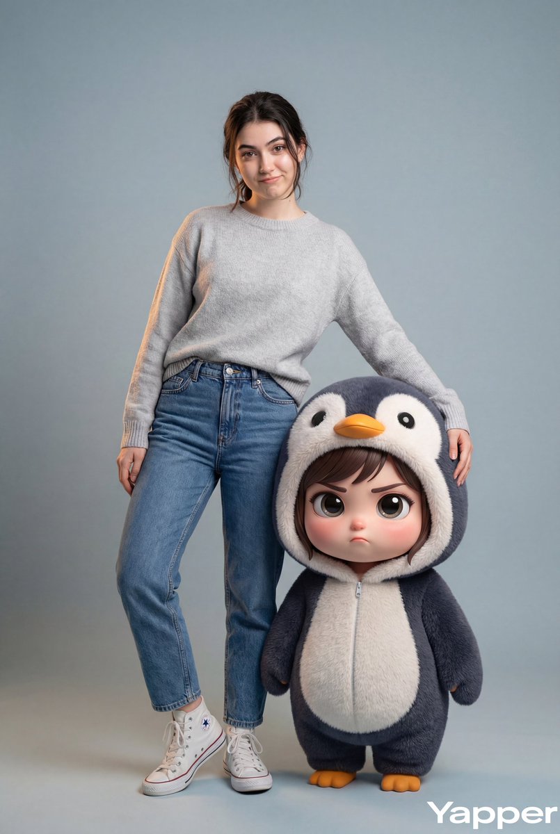 Hyper-Realistic Portrait with Chibi Penguin Character AI image template preview