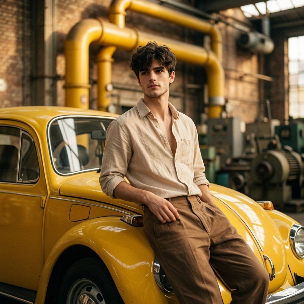 Vintage Car Portrait in Industrial Setting AI image template preview