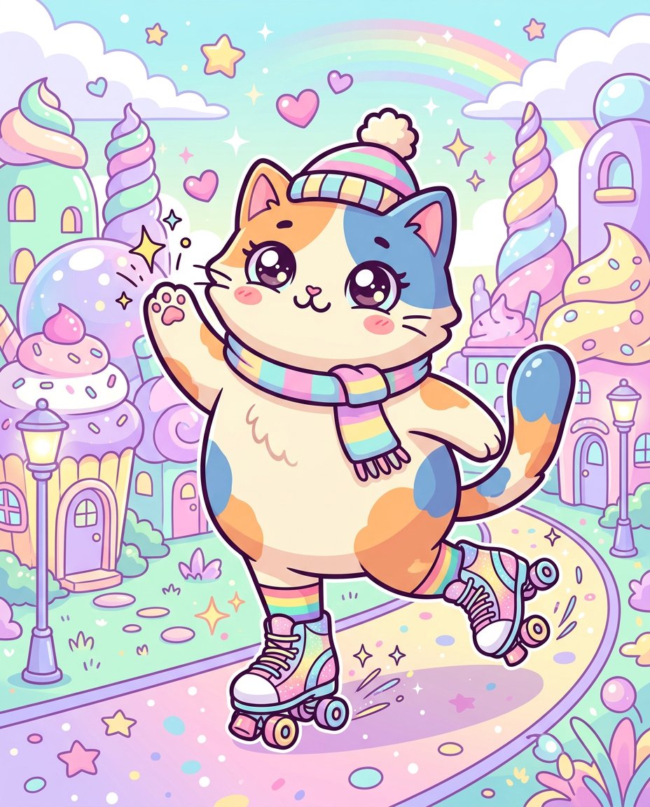 Pop Surreal Kawaii Cat on Roller Skates AI image template preview