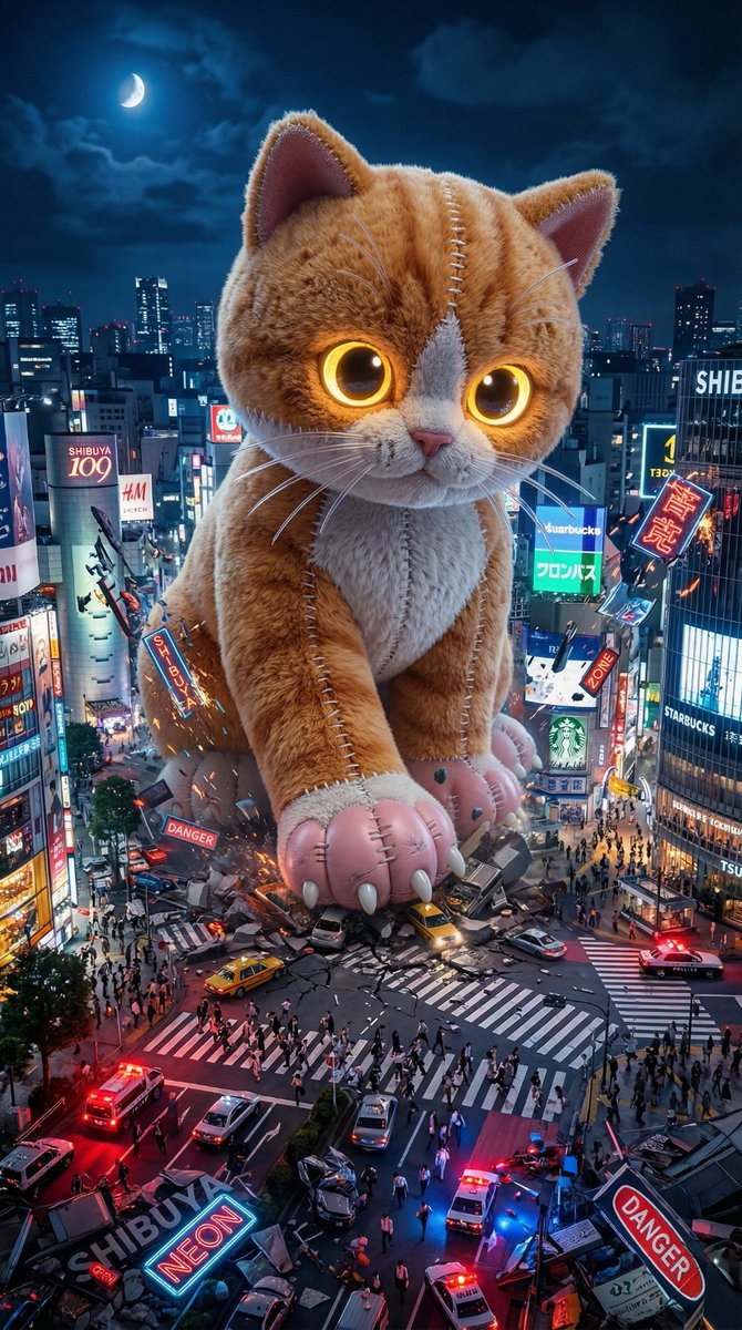 Plush Kaiju Cat Smashing Tokyo AI image template preview
