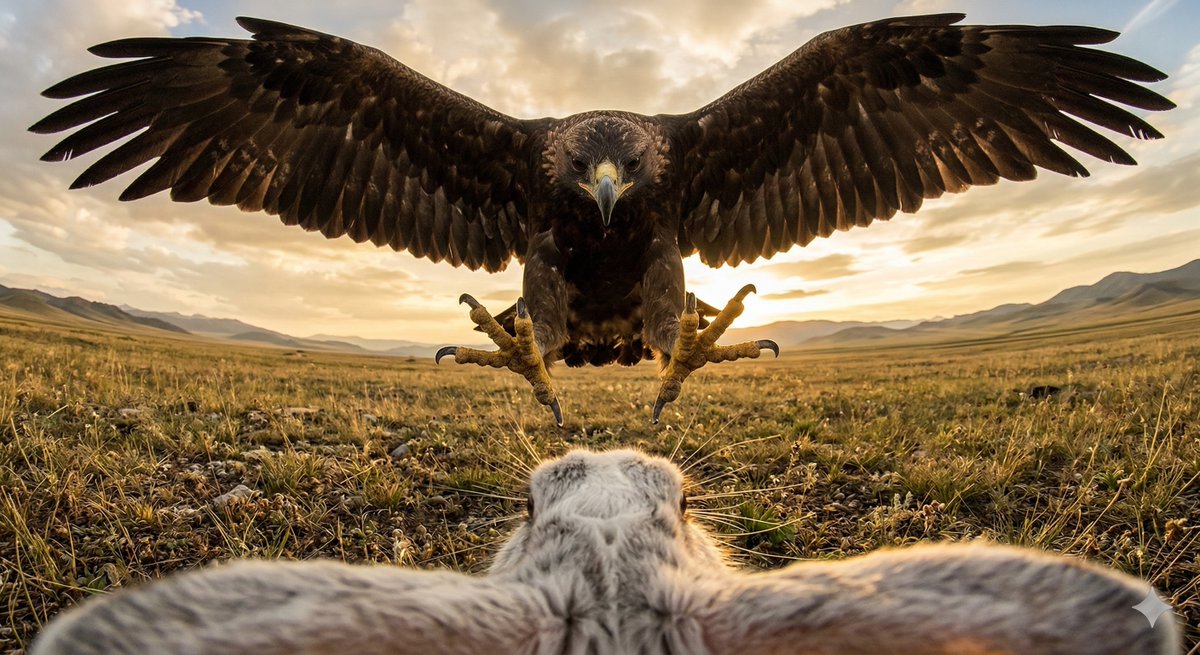 Ultra wide-angle cinematic photo of a rabbit and eagle AI image template preview