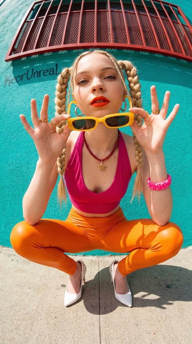 Photorealistic streetwear portrait of Emma Myers with fisheye distortion AI image template preview