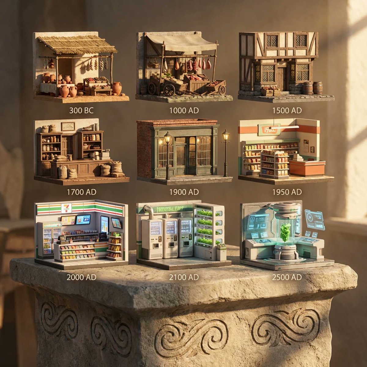 Evolution of Grocery Shops 3D Grid Prompt AI image template preview
