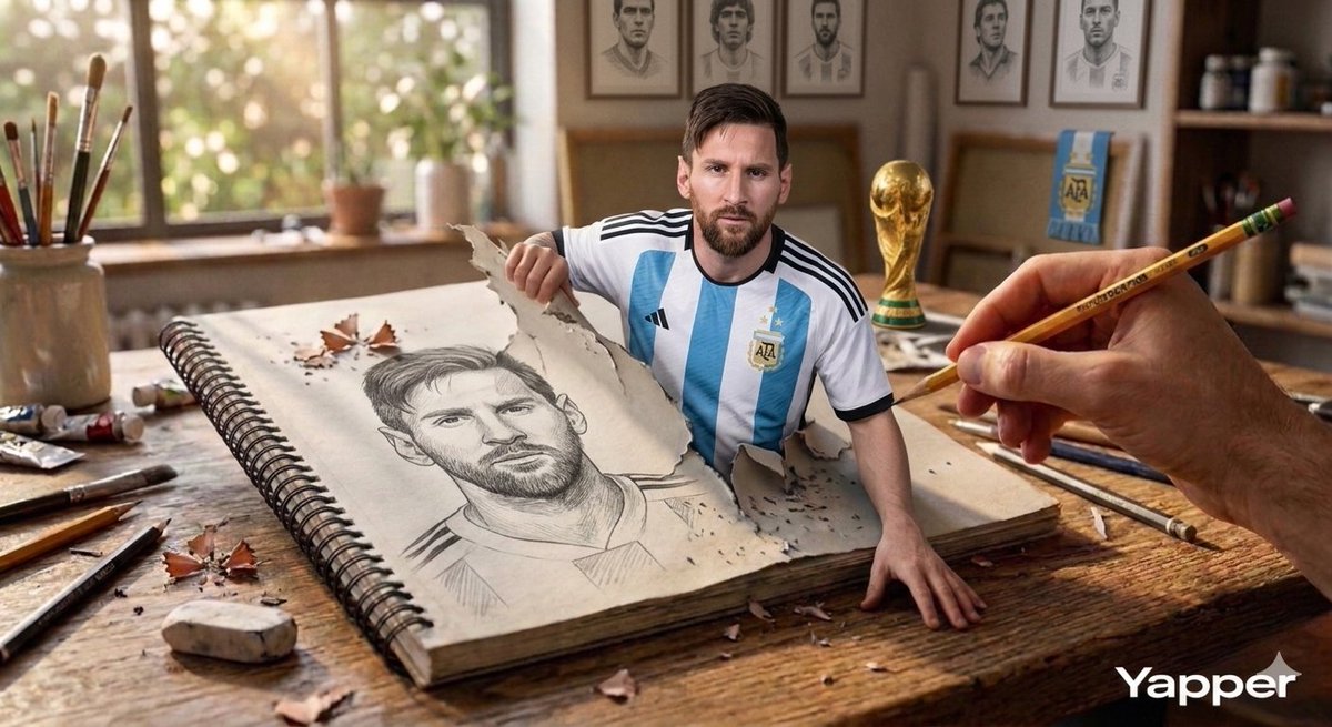 Surreal 3D Art of Messi and Ronaldo Emerging from a Sketchbook example 2