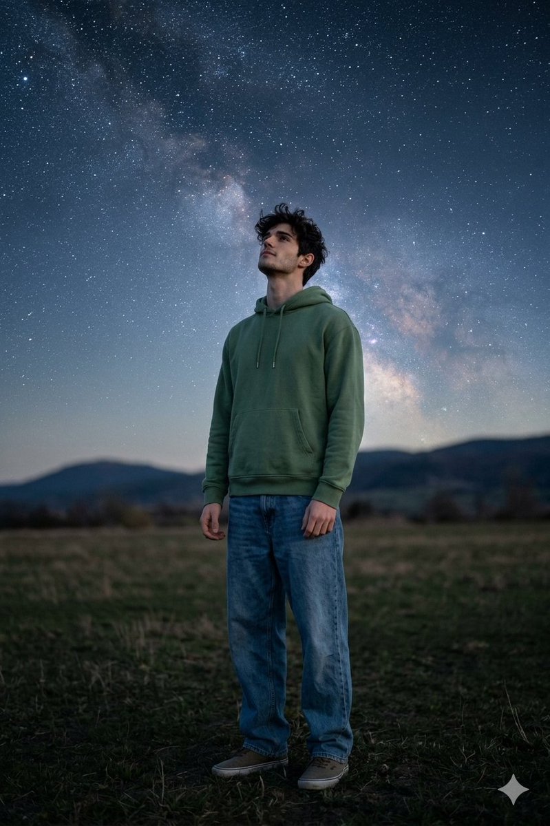 Man Under Starry Sky Cinematic Prompt AI image template preview