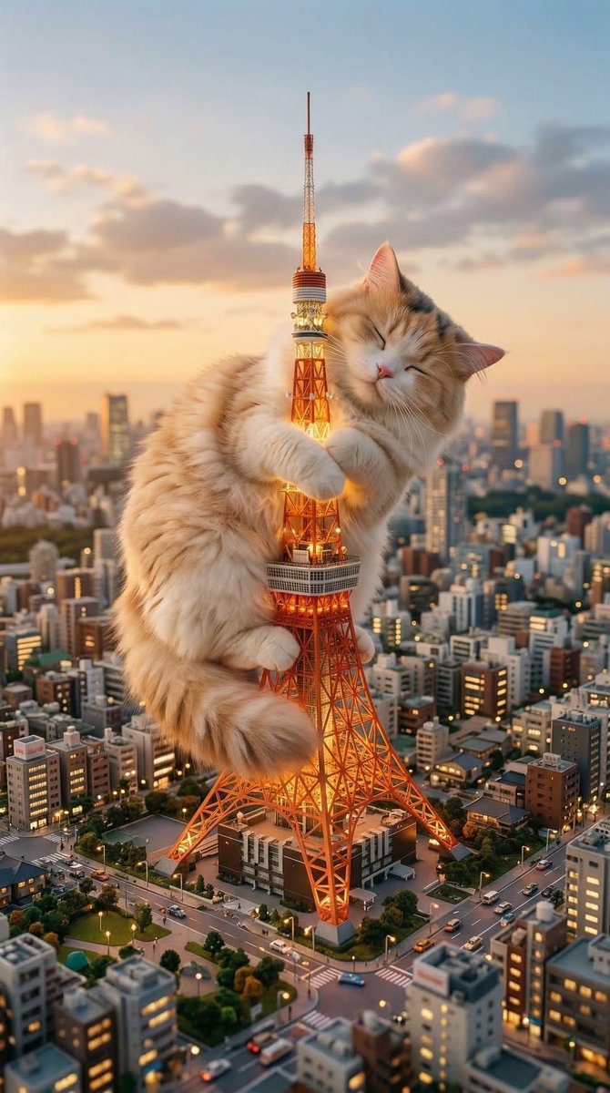 Giant Cat Occupying Tokyo Tower AI image template preview