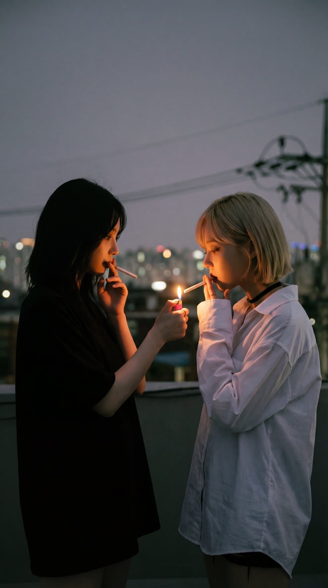 aespa Karina and Winter Cigarette Lighting Prompt for Nano Banana Pro AI image template preview