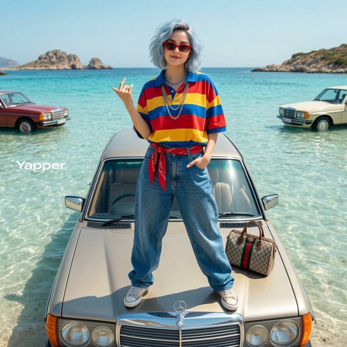 Stylish Woman on Submerged Vintage Car AI image template preview