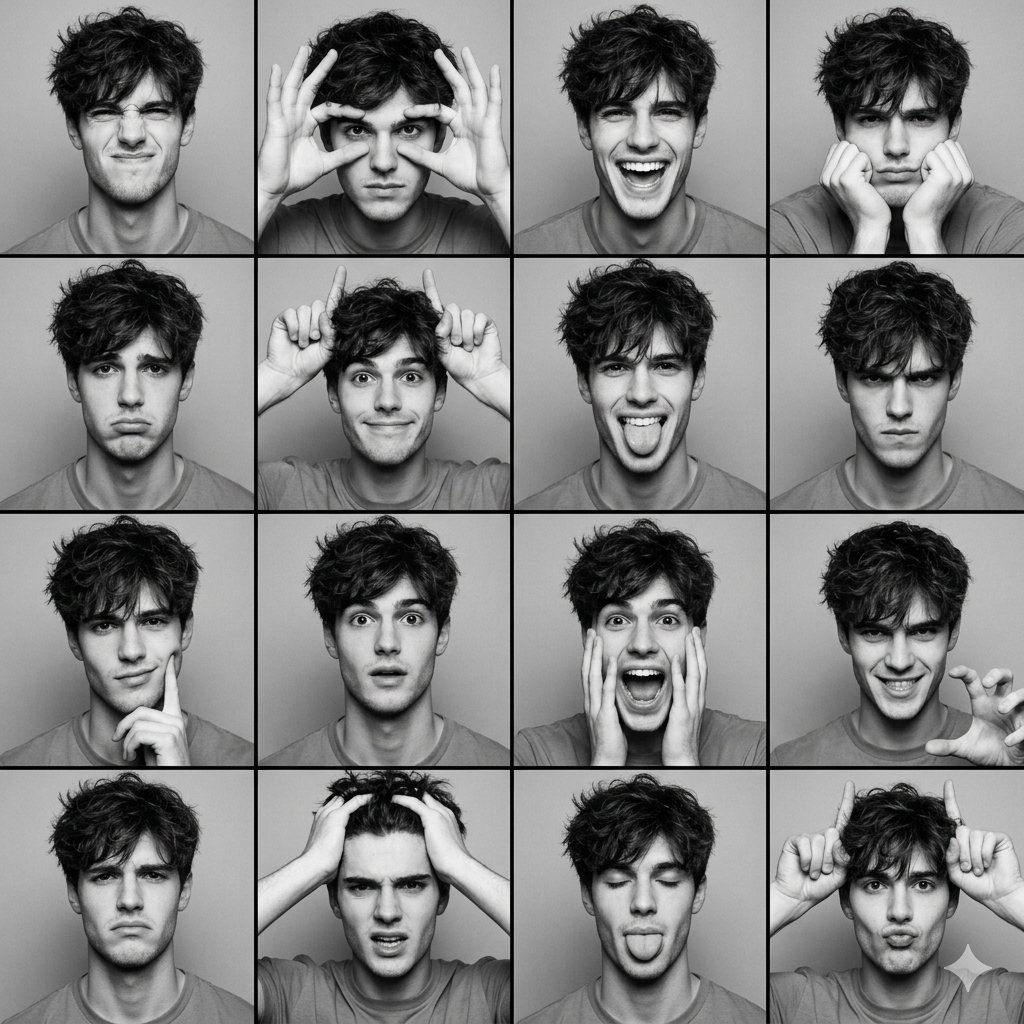 Black and White Photobooth Expression Grid (4x4) AI image template preview