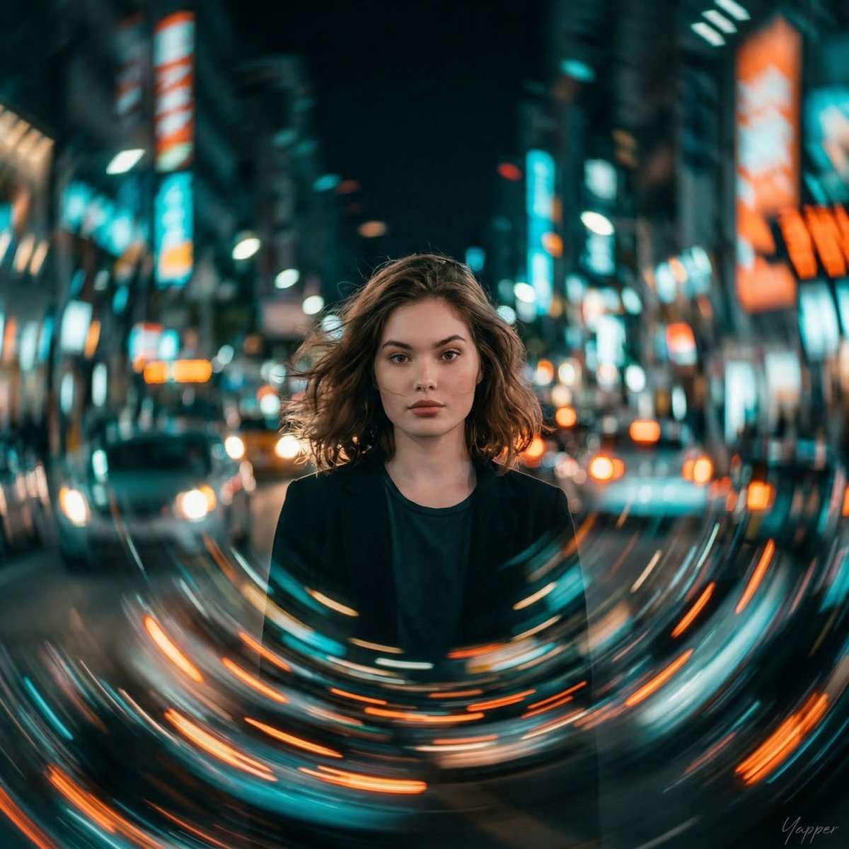 Cinematic Portrait with Motion Blur Cityscape AI image template preview