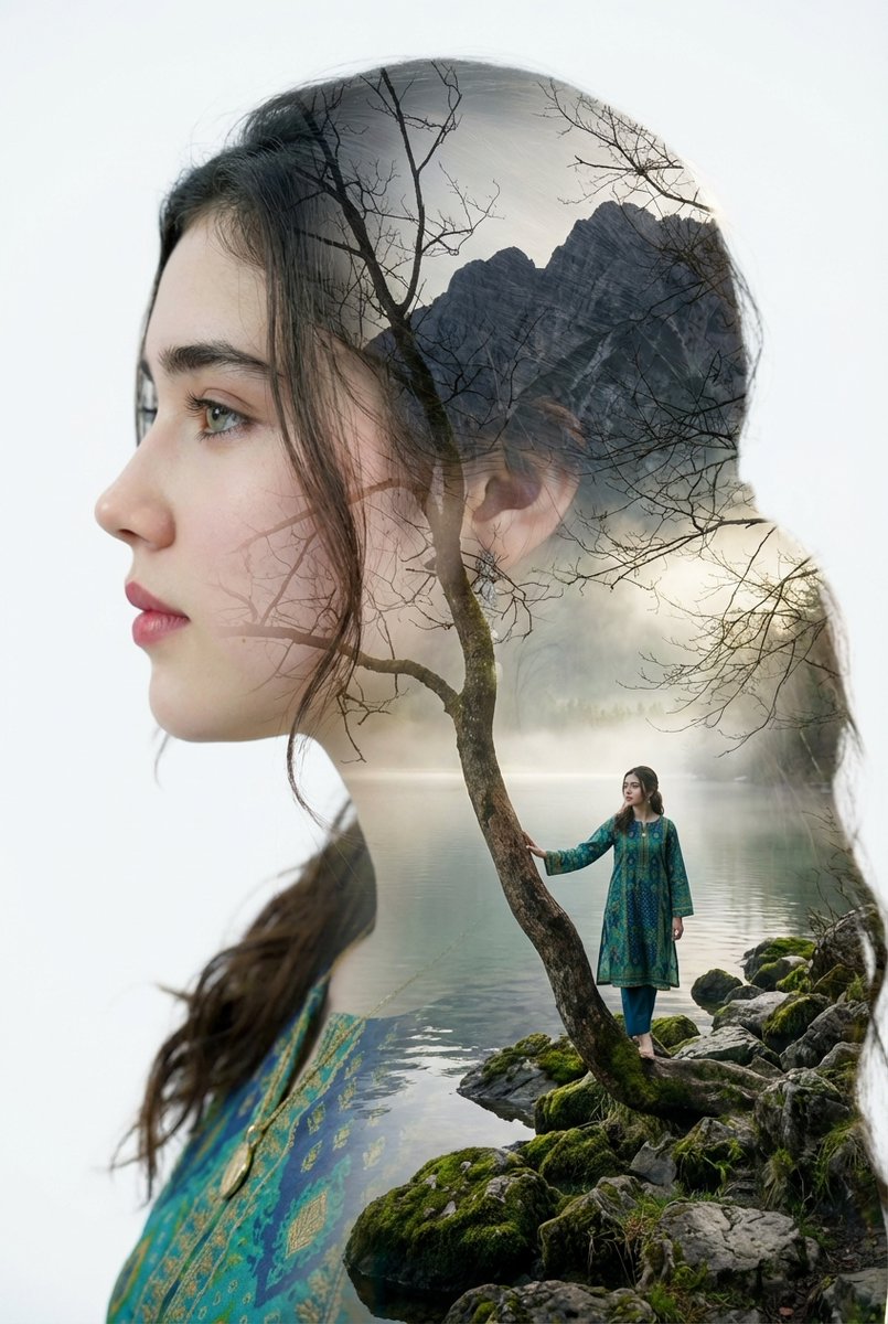 Double Exposure Portrait with Tree Branches and Landscape AI image template preview