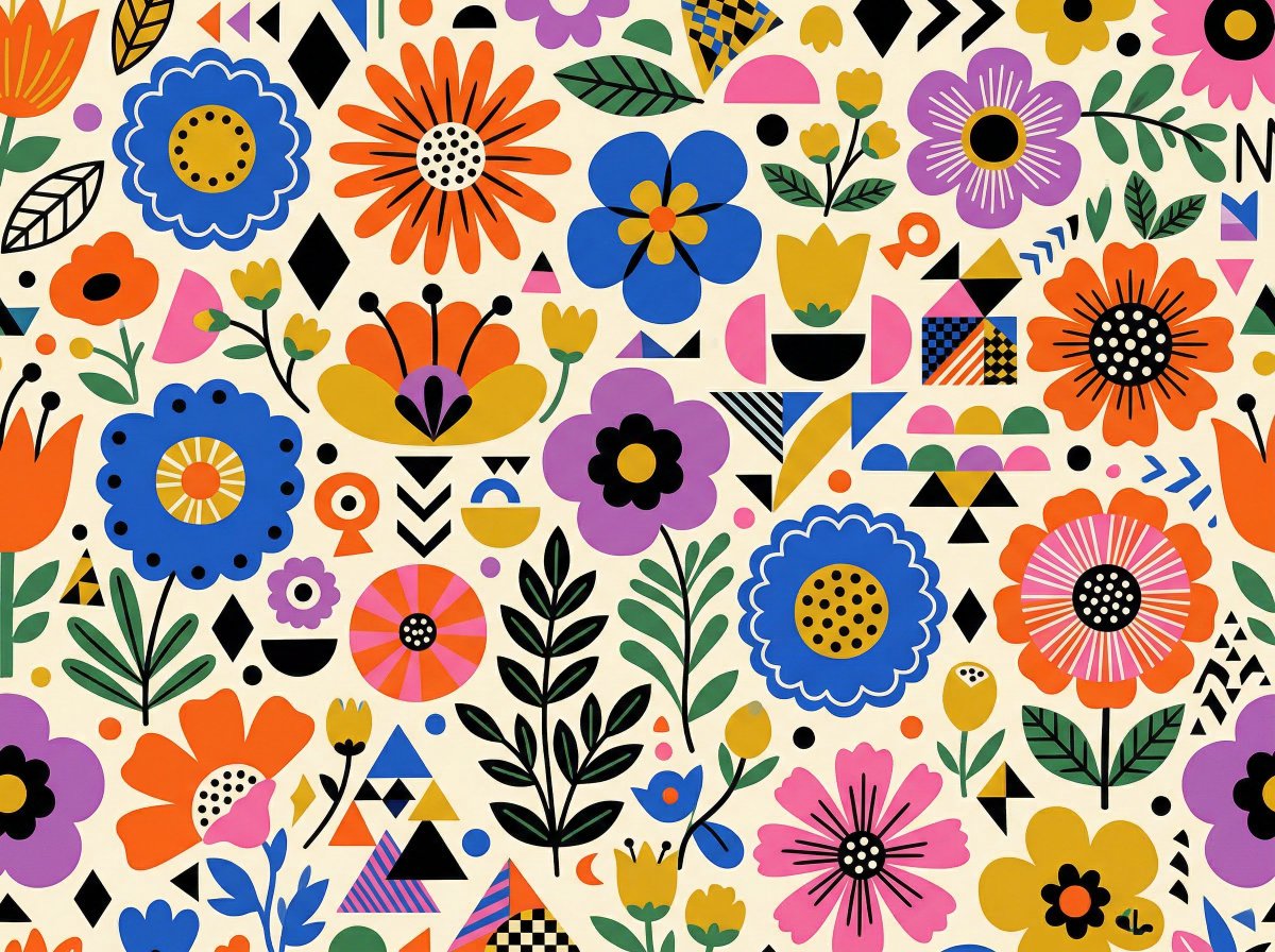 Vibrant Flat Illustration Pattern of Flowers and Shapes AI image template preview