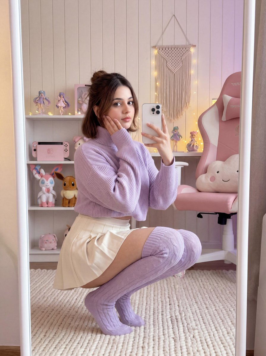Soft Gamer Aesthetic Mirror Selfie in Lavender Light AI image template preview