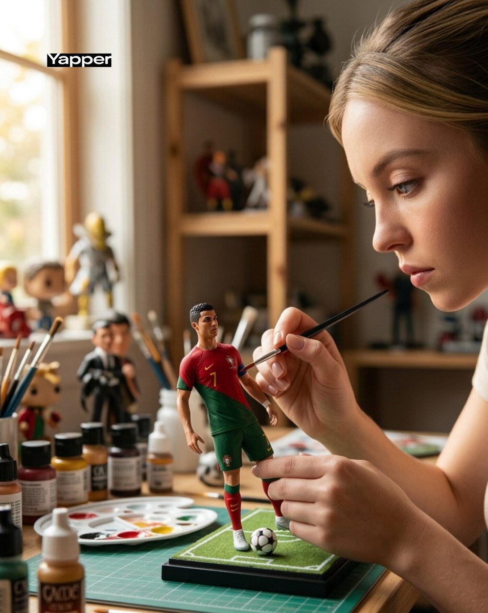 Hyper-Realistic Scene of Artist Painting Miniature Ronaldo Figurine AI image template preview