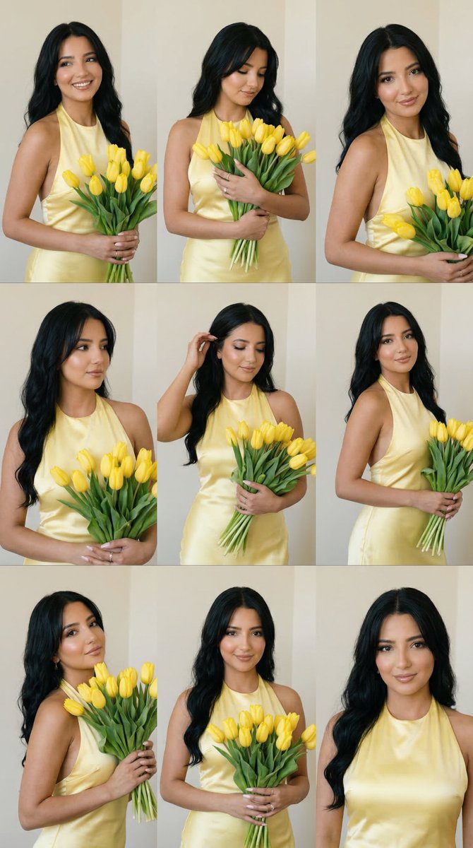 9-Panel Editorial Grid Prompt for Yellow Satin Halter Dress AI image template preview