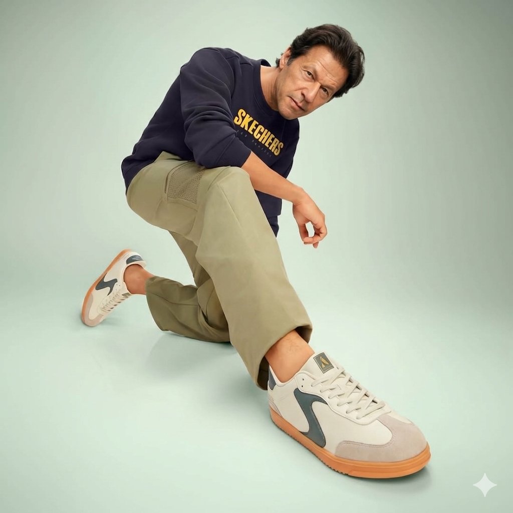 Photorealistic Studio Portrait of Shah Rukh Khan in Skechers AI image template preview