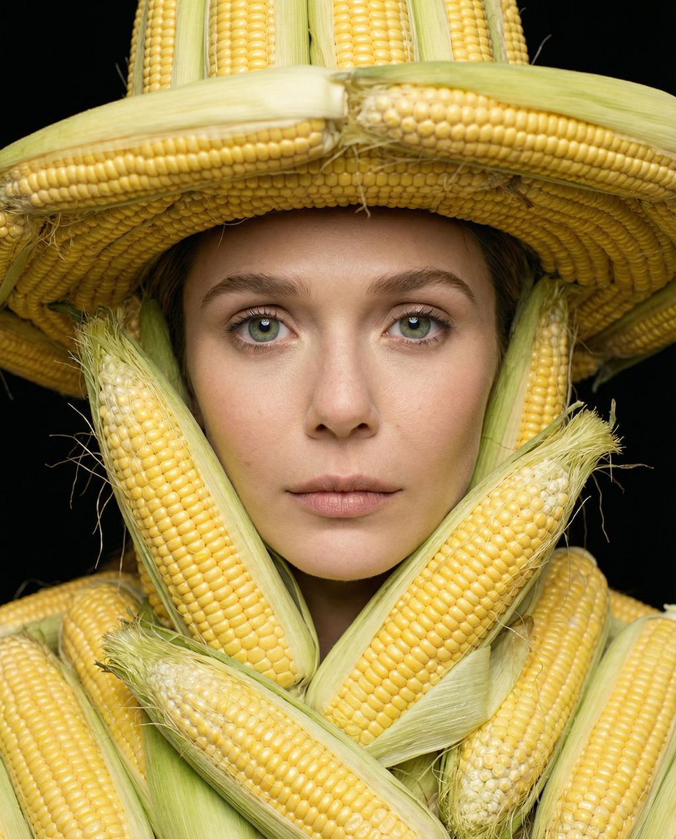 Elizabeth Olsen: Agrarian Haute Couture Macro Portrait AI image template preview