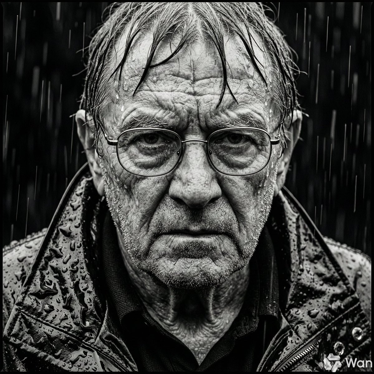 Monochrome Portrait of Elderly Man in Heavy Rain AI image template preview