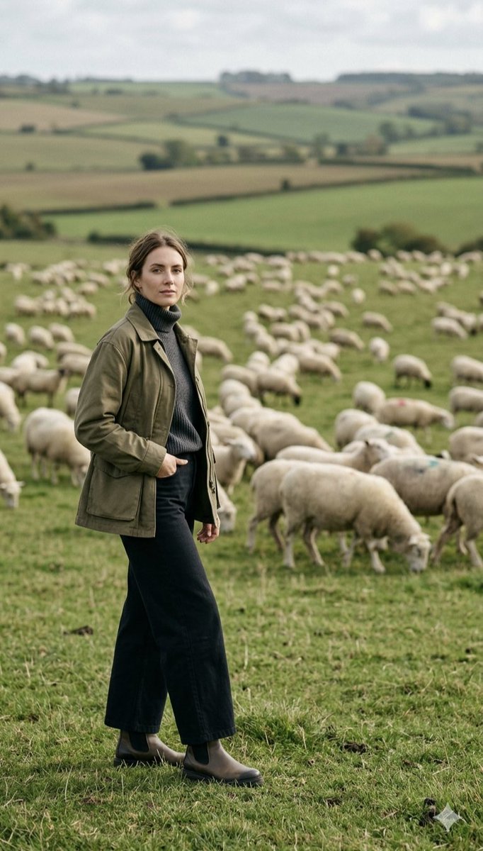 Pastoral Full-Body Portrait in Sheep Pasture AI image template preview