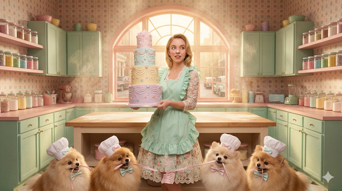 Wes Anderson-Inspired Sydney Sweeney Pastry Chef AI image template preview