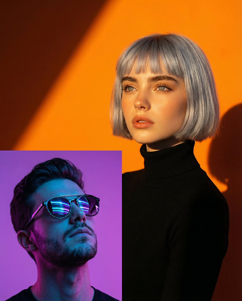 Two Dramatic Portraits: Neon Man and Golden Hour Woman AI image template preview