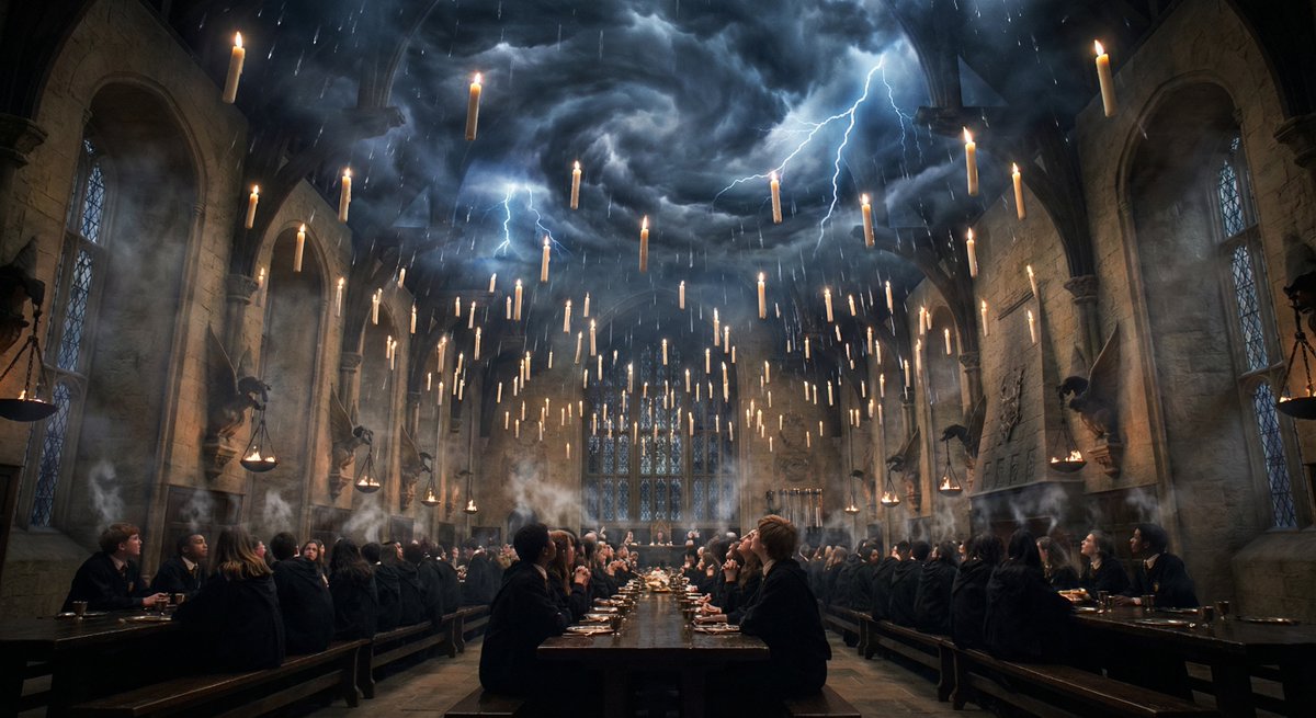 Hogwarts Great Hall during a thunderstorm AI image template preview
