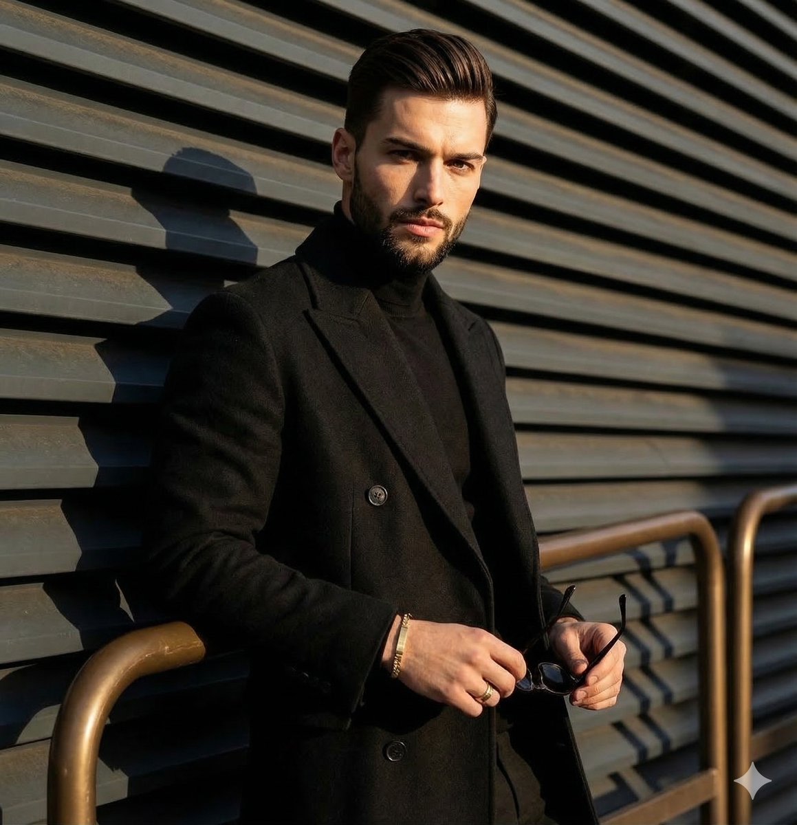 High-contrast editorial portrait of a man leaning on a rail AI image template preview